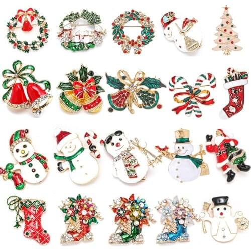BAOPON Fashion Christmas Pins Gifts Christmas Bells Wreath Snowflake Star Crystal Brooches for Women Colorful New Year Brooch