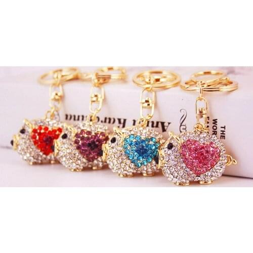 Sweet Pink Pig Animal Rhinestone Crystal Keychain Metal Heart Key Holder Chains Handbag Car Keyrings BesT Party Gift