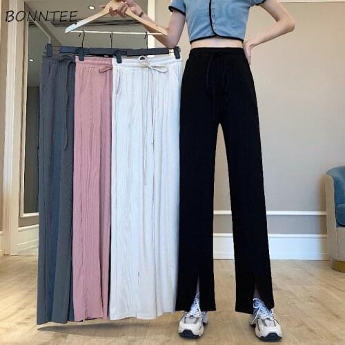 Casual Pants Women Summer New Solid Split Empire Straight Trousers Full Length Loose Simple Leisure All-match Students Ladies