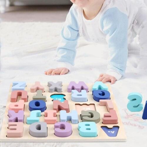 Wooden Macaroon Color 3D Alphabet Digital Number Puzzle Board Education Kids Toy