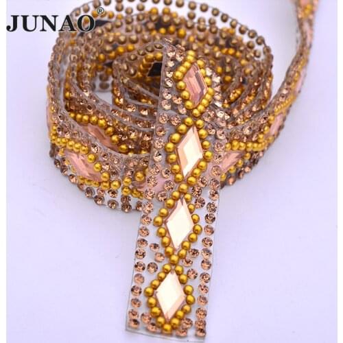 JUNAO 5 Yard*15mm Brown Color Glass Rhinestone Chain Banding Rhombus Square Fancy Stone Decoration Trim Crystal Ribbon Applique