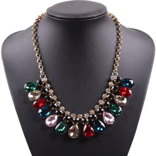 New Colorful Stones Glass Rhinestone Crystal Necklace Gold Chain for Girls Statement Pendant Jewelry