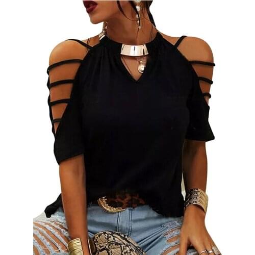 Summer Hollow Out Ladies Tops Office Lady Work Elegant Blouse Solid Color Sexy Fashion Cold Shoulder Round Collar Shirts D30