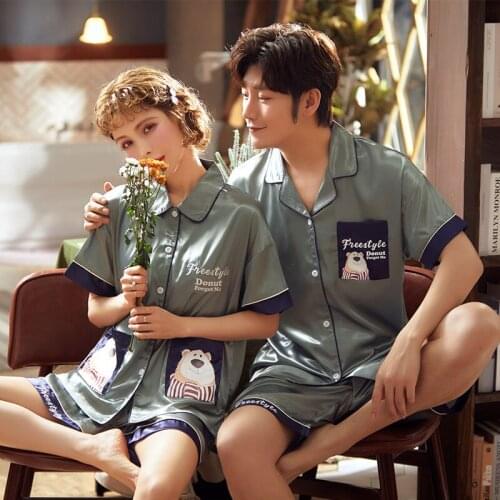 Summer Ice Silk Women Short Sleeves Loose Simulation Men Pajamas Lovers Pajamas Set
