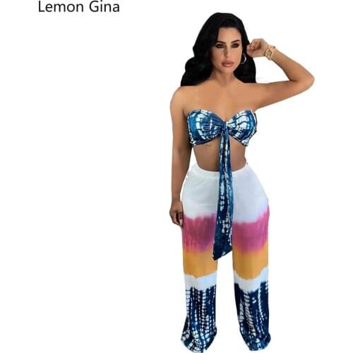 Lemon Gina Summer 2021 Womens Fashion Isn't Tie-dye Print with Gradual Change Pleats Bosom Wrap Two Pieces