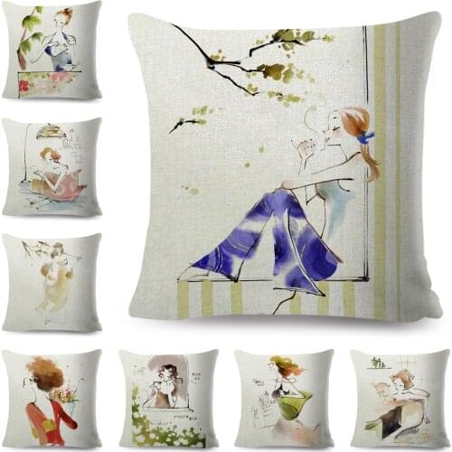 Vogue Lady Girl Cushion Cover Decor Watercolor Elegant Women Pillow Case Polyester Pillowcase for Sofa Home Car 45x45cm