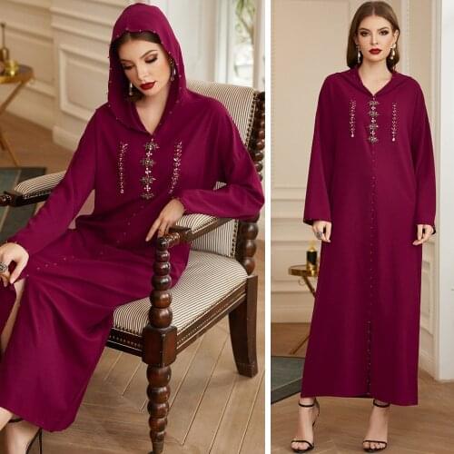 Muslim Women Long Dress Luxury Diamonds Dubai Kaftan Abayas Islamic Ramadan Vestido Hooded Maxi Robe Arab Moroccan Ethnic Kaftan