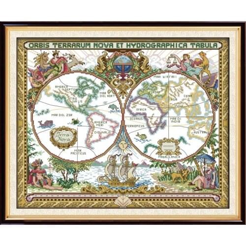 Joy Sunday Cross Stitch Embroidery Needlework Kit Old World Map Counted Patterns Fabric 11CT 14CT Printed Stamped Home Decor Set
