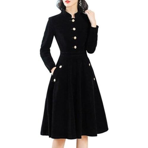 New Autumn and Winter Womens OL black Dress Slim Elegant High Waist A-word Velvet Dress Long Sleeve Dresses Female NS1460