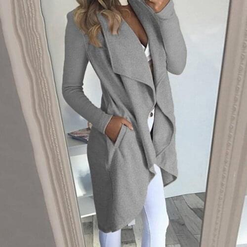 Solid Color Women Irregular Hem Open Front Long Sleeve Lapel Cardigan Outwear