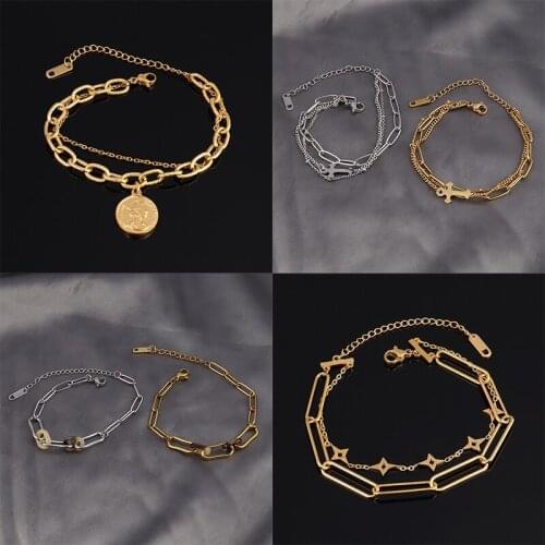 Punk Stainless Steel Bracelet For Women coin Pendant Thick Chain Bracelet Charm bracelets Party Jewelry Gift friends