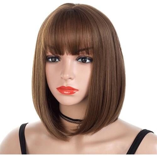 Synthetic Hair Wig Women Bob Black/brown Wigs with Full Bangs 14inch Straight Lady Hair Short High Temperature Fiber
