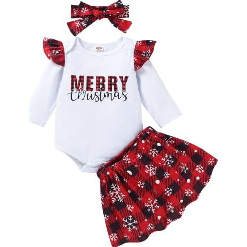 Newborn Baby Girl Christmas Clothes Letter Print Long-Sleeve Romper Plaid Skirt Headband Cotton Clothing Set For Baby 0-18M 2021