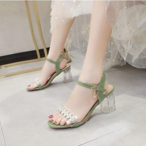 Womens Sandals with Thick Heel Buckle Belt Summer Womens Pvc Shoes Espadrilles Pearl Thick and Comfortable Women Sandles