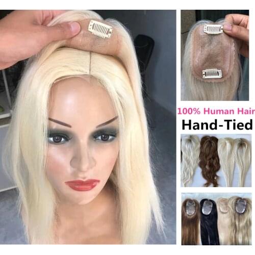 VSR Silk Base Hair Topper Fringe 18 22 inch For Women Jewish Hand Tied 100% Human Hair Extensions Blonde Mono Clips Hair Pieces