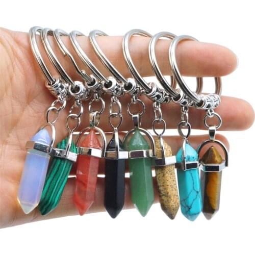 Hexagon Prism Keychain Keyring Jewelry Natural Stone Crystal Key Rings Bag Charm Keychains Charms Pendant Car Key Ring Jewelry