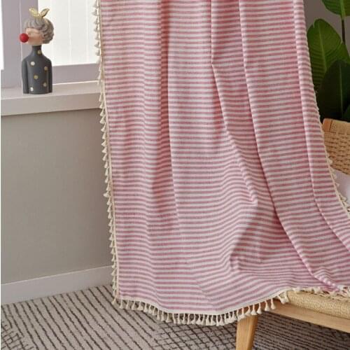 Cotton Linen Pink Stripe Tassel Curtains Country Style Window Hanging Blackout Curtains for Living Room Easy Drapes for Window