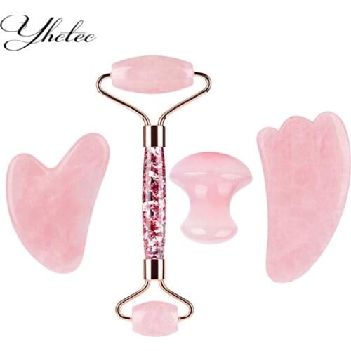 Natural Rose Quartz Scraper Facial Massage Roller Removal Gouache Scraper Body Massager Roller Jade Stone Gua Sha Board Face Set