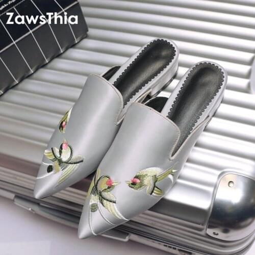 ZawsThia 2020 fake silk satin bird embroider slides home outdoor slippers woman flat heel embroidery mules women plus size 44