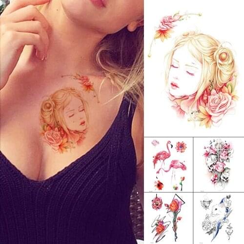 Waterproof Temporary Tattoo Sticker Flamingo Rose Old School Girl Flower Pattern Water Transfer Body Art Flash Fake Tatoo