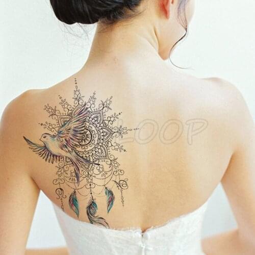 Temporary Tattoo Stickers Henna Pigeon Feather Fake Tatto Waterproof Tatoo Back Leg Arm Belly Big Size for Women Men Girl