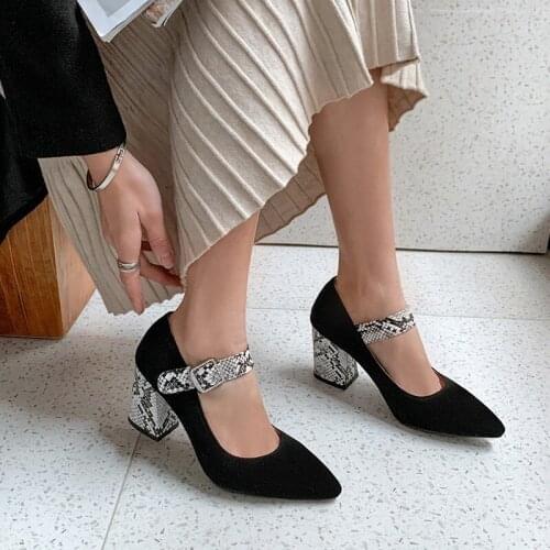 YMECHIC 2020 Spring Elegant Vintage Mary Jane Office Shoes Woman High Heels Snake Print Buckle Strap Ladies Block Heel Pumps