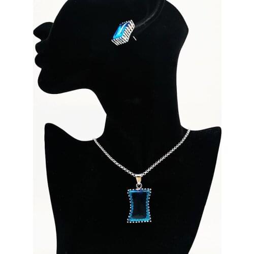 2019 S/S New arrival Big Blue Purple Black square stones necklace earrings jewelry set Stainless steel CZ stone jewelry BLKN0635