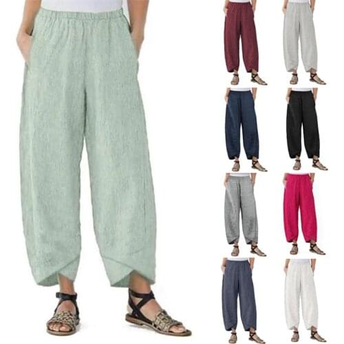 Women Vintage Floraol Print Calf-length Harem Pants Soild Casual Harajuku Irregular Elastic Waist Cotten Linen Summer Pants