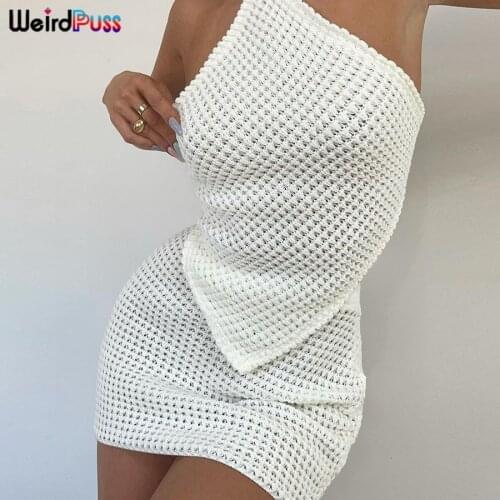 Weird Puss Knitted Elegant Women Two Piece Set Backless Bandage Halter Bellyband+Skinny Skirt Fashion Matching Streetwear Outfit
