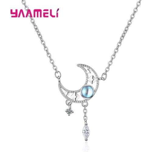 Special Sale S925 Sterling Silver Women Girls Gift Hollow Moon Cubic Zircon Pendant Necklace for Wedding Engagement