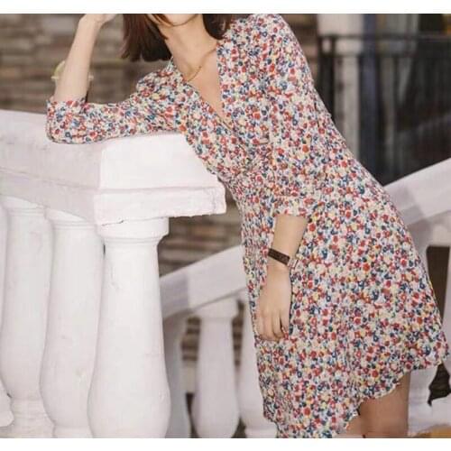 2020 New Women Viscose Floral Printed Short Mini Dress With V Neckline & Ruffled Detail