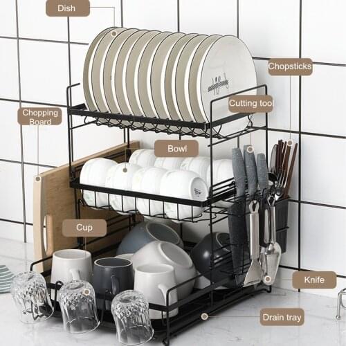 2/3 Tiers Stainless Steel Dish Drying Rack with Drainboard Countertop Utensil Holder Kitchen Counter Drainer Cutlery Shelves