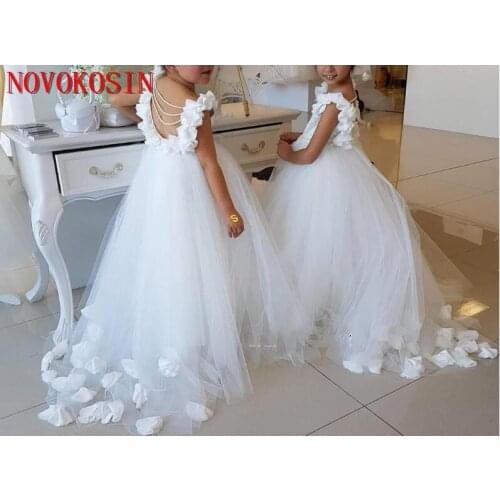2019 Lovely White Flower Girls Dresses Hand Made Flower Long Ruffle Tulle Girls Pageant Dresses Backless Kids Formal Wear Dress