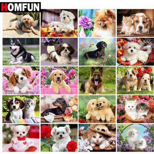HOMFUN Diy 5d Diamond Painting "Animal dog cat flower" Cross Stitch Square Round Diamond Embroidery Handwork Rhinestone Art