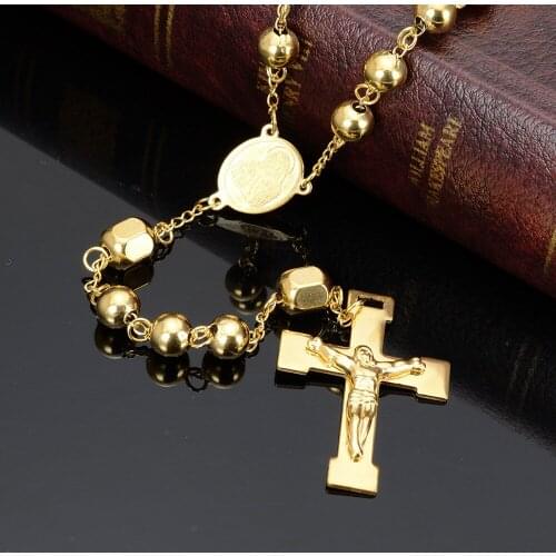 Italy Gold Color Beads Long Rosary Necklace for Women Men Stainless Steel Jesus Christ Cross Pendant Sweater Chain Unisex