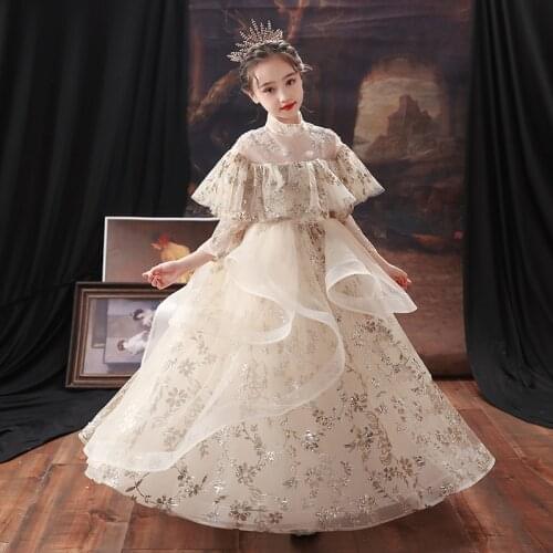Flower Girl Dresses Sequined Embroidery Three Quarter High Princess Luxury Beading Floor-Length Tulle Lace Kids Party Gown H274