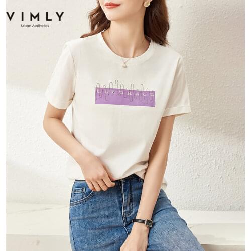 VIMLY Summer Womens Tshirt 2021 Fashion New Round Neck Creative T Shirts Korean Casual Cotton Tops Women Harajuku Tees F6306