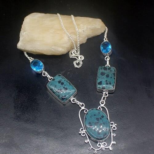 Gemstonefactory Jewelry Big Promotion 925 Silver Dalmatian Jasper Blue Topaz Ladies Women Chain Necklace 46cm 20213350