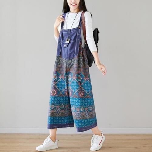 Women Loose Wide Leg Jumpsuits Ladies Printed Plus Size Overalls Female Print Wide Leg Trousers Pants 2019 VIntage Rompers