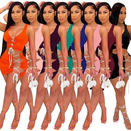 Echoine Summer Sleeveless Lace Up Hollow Out Crop Tank Top Skinny Mini Skirt Matching Set Sexy Bodycon Fitness Party Clubwear