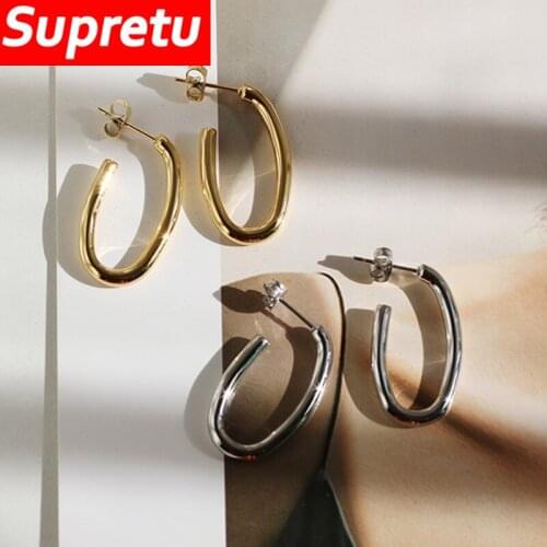 Korean Minimalist Hoop Earrings Charm Plating 14K Gold Oval Circle Luxury Earrings for Women Hip Hop Party Jewelry Female Bijoux