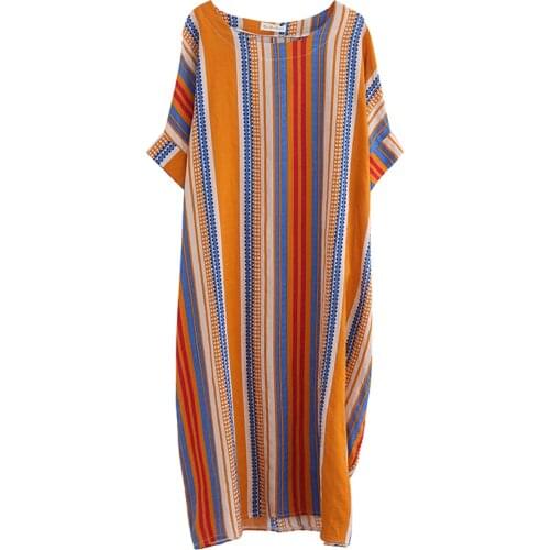 Fashion Loose Large Size Dress Women Literary Retro Stripe Printed Beach Dress Female Summer New Round Neck Vestidos Mujer A784