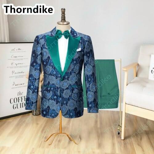 Thorndike Latest Print Wedding Suit Blue Floral Man jacket Teal Pants Costume Custom Made Peak Lapel Man Suit Stage Wear Clothes