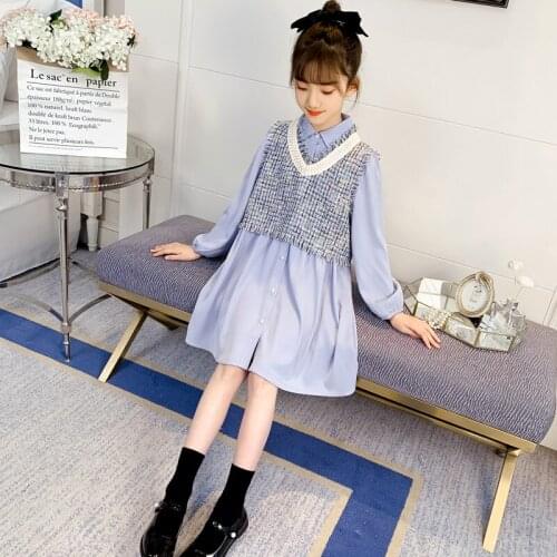 New Girls Casual Dresses Turn-down Collar Long Sleeve Spring and Autumn Kids Clothes for 3-13 Years Solid Girls Princess Dress