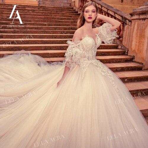 Romantic Embroidery Wedding Dress 2021 Sweetheart Beaded Ball Gown Illusion Princess Train LelaAcra JK05 Bride Vestido De Noiva