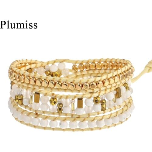 Plumiss Luxury White Jades Wrap Bracelet for Women Copper Beads Middle Mix 3Row Stone Beaded Bracelets Jewelry Dropshipping