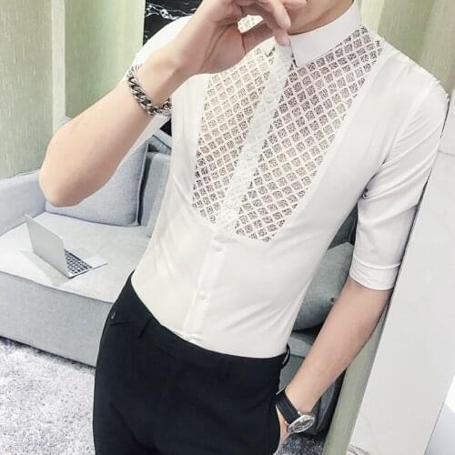 British Style Summer Half Sleeve Men Casual Shirts Fashion 2021 Perspective Lace Spliced Tuxedo Slim Fit Blouse Homme Black 3XL