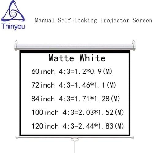 Thinyou Matte White 120 inch 4:3 Self locking projector screen Manual Pull-Down Front Wall Mounted for LED LCD DLP Projector