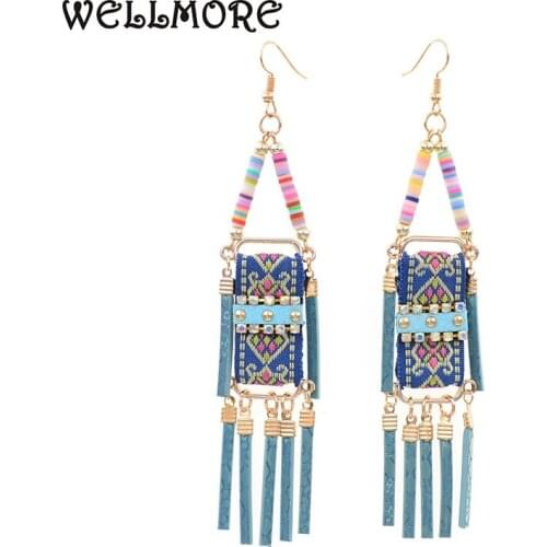 WELLMORE Ethinc ribbon, leather, Colorful soft pottery long earrings for women party jewelry wholesale E171026-3