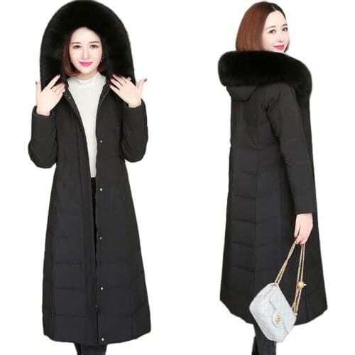 New Womens 90% White Duck Down Jacket Long Hooded Fox Fur Collar Parka Overcoat Winter Cold Warm Plus Size Outerwear Purple 4XL